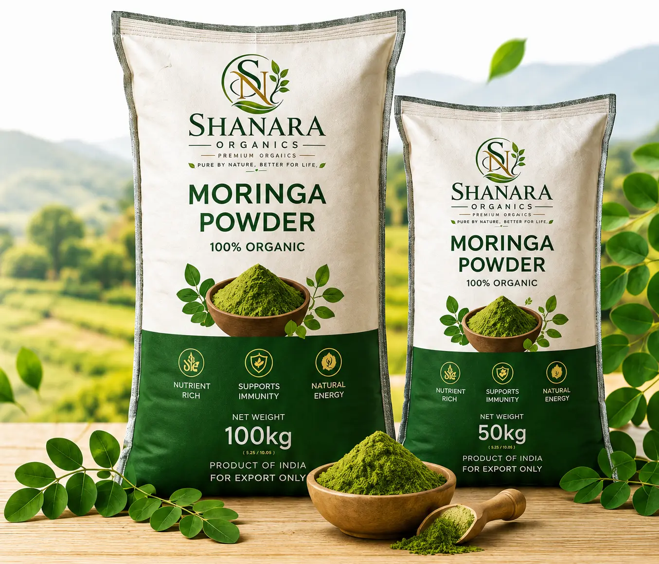 Organic Moringa Leaf Powder in a wooden bowl