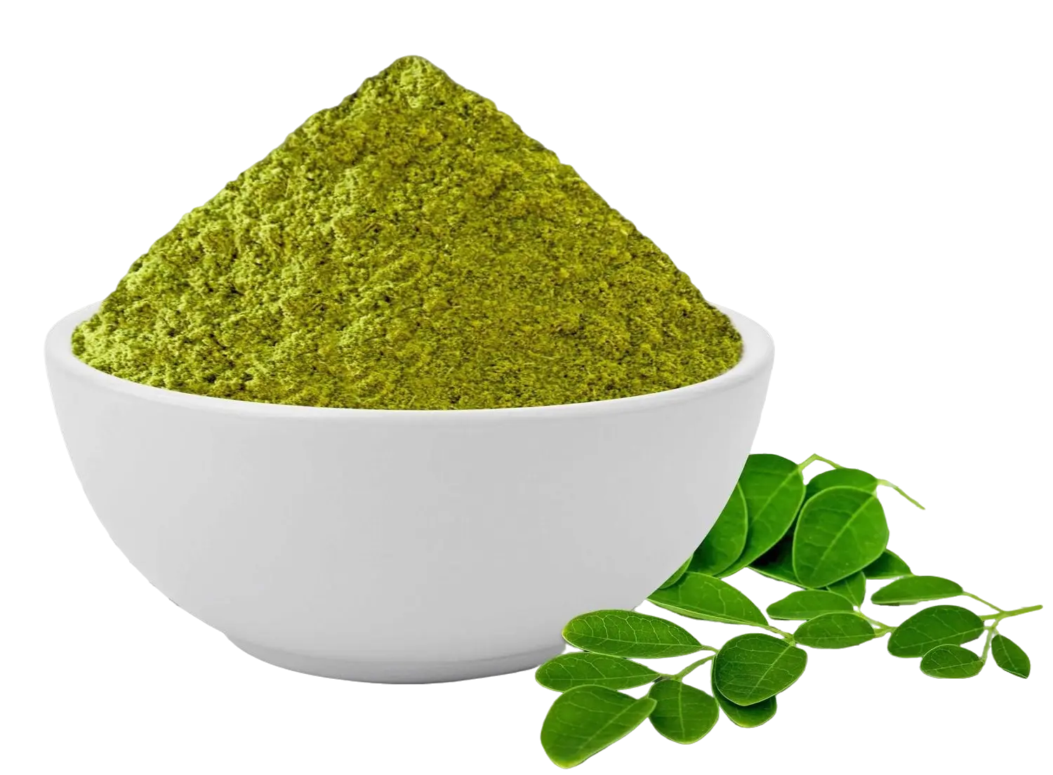Bowl of organic moringa powder with scoop