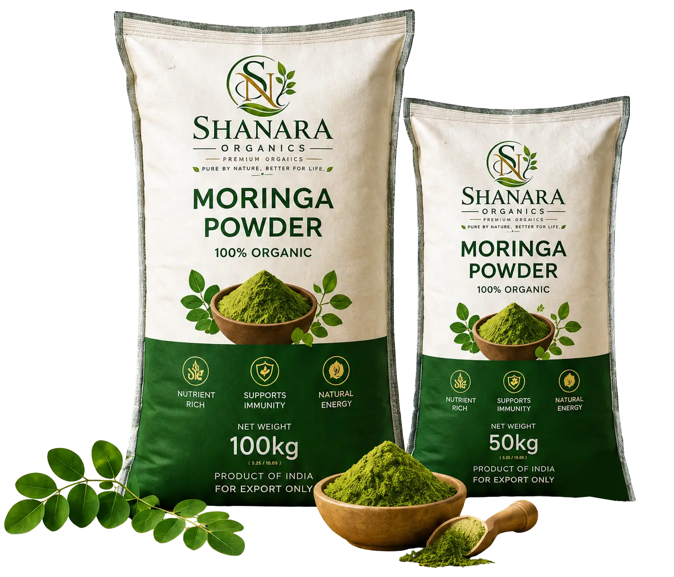 Shanara Organics Pvt Ltd Moringa powder bags with fresh moringa leaves